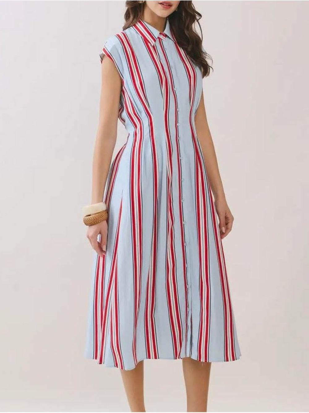 TCEC Light Blue Midi Shirt Dress with Red Stripes